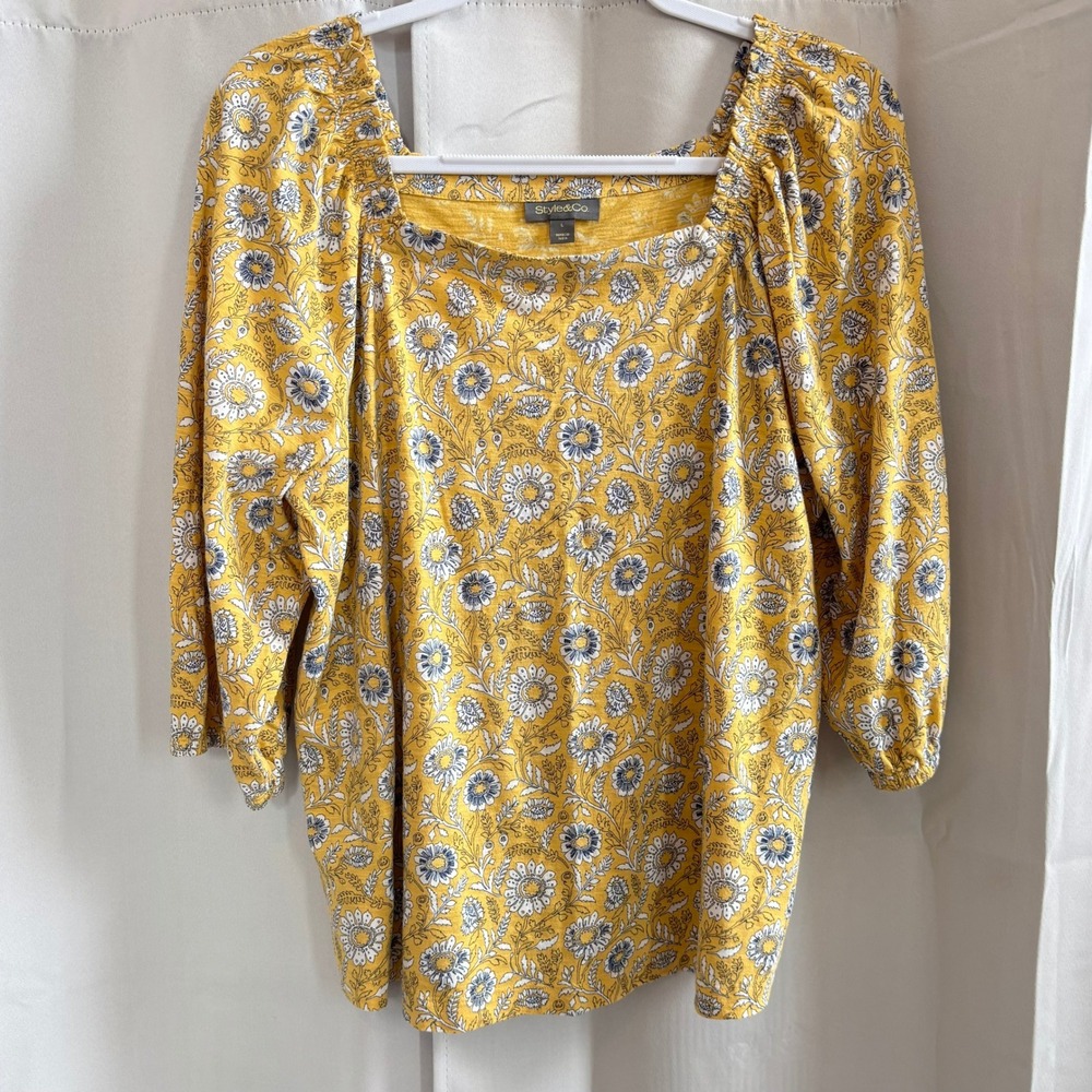 Style Co Womens Yellow Floral Square Neck‎ Top Oversized Large Hippie Boho 19736